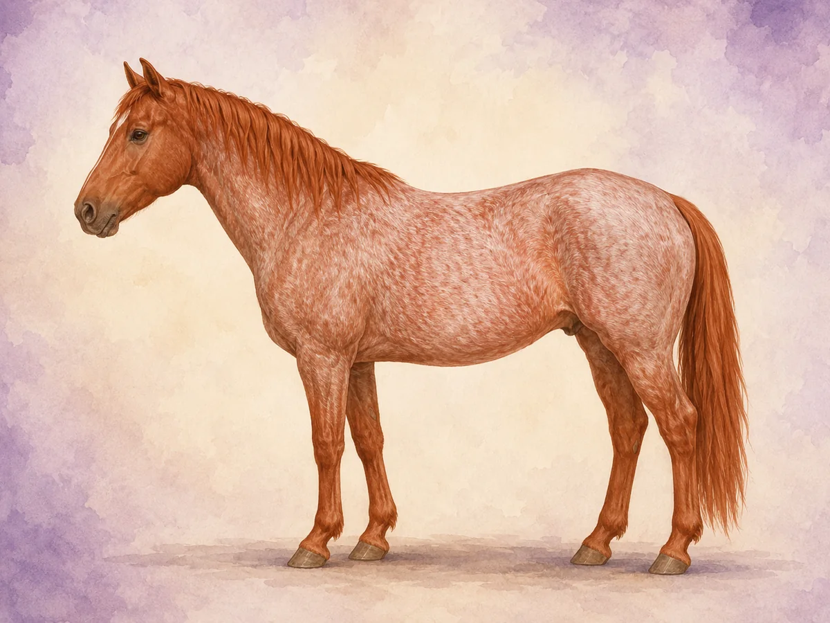 Strawberry roan: Roan pa fuks-bunn: en rosa-rod, jordbaraktig kropp.