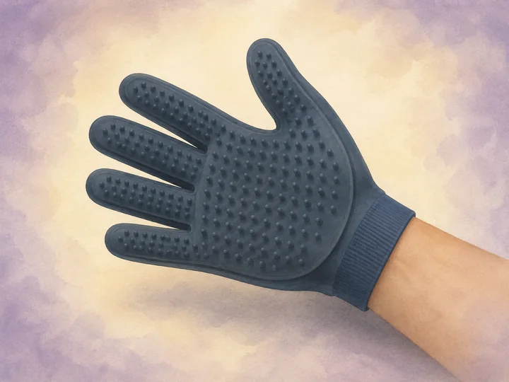 Putzhandschuh: Ein Putzhandschuh ist ein Handschuh aus Gummi oder Lammfell für das trockene Putzen und für empfindliche Pferde.