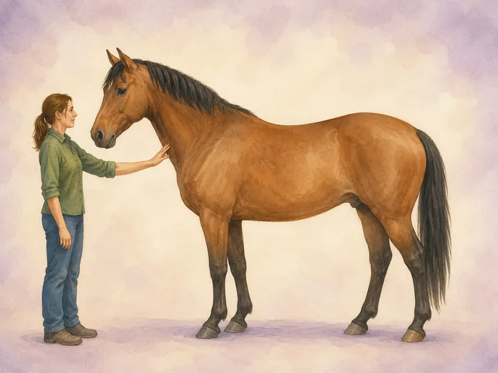 Approaching a horse: Walk calmly and visibly towards the horse's shoulder so it hears and sees you coming.