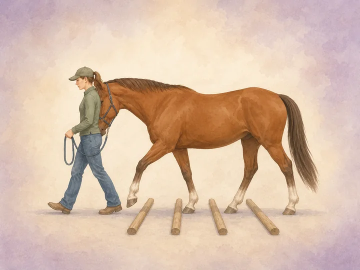 Walking over ground poles: Lead the horse calmly in hand over loose poles on the ground, with enough room between the poles.