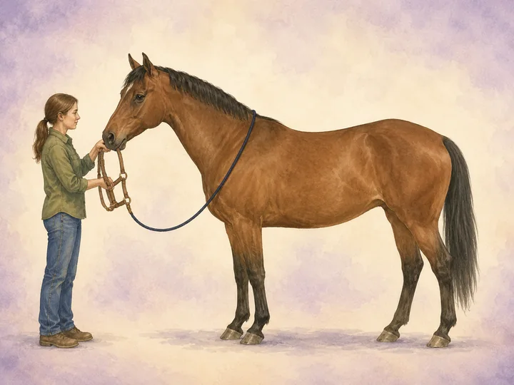 Putting on a halter: Put the halter on calmly while first keeping control with the rope around the neck.
