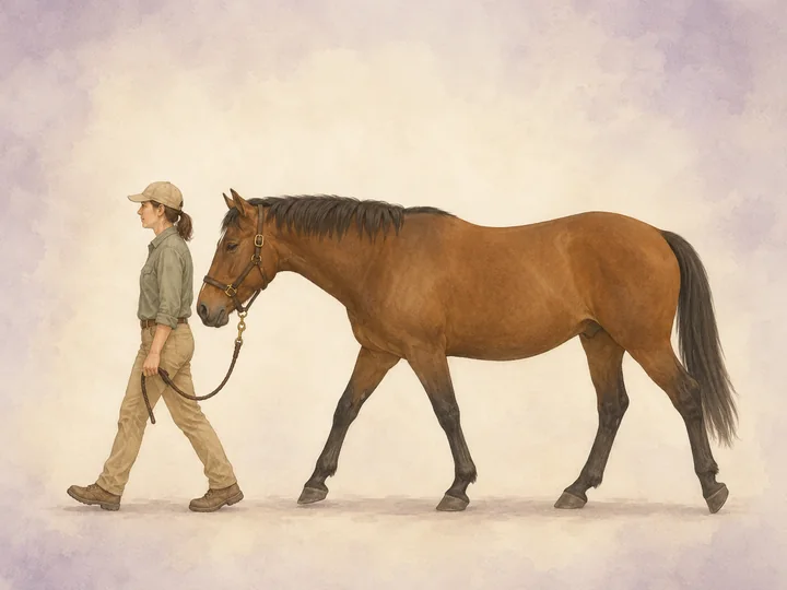 Leading a horse: Walk beside the shoulder with a little slack, never wrapping the rope around your hand.