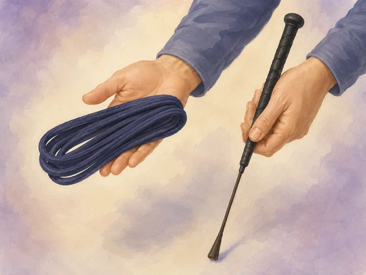 Holding the lunge line and whip: Hold the lunge line in flat, equal loops in the hand, never around hand or wrist, and handle the whip calmly.