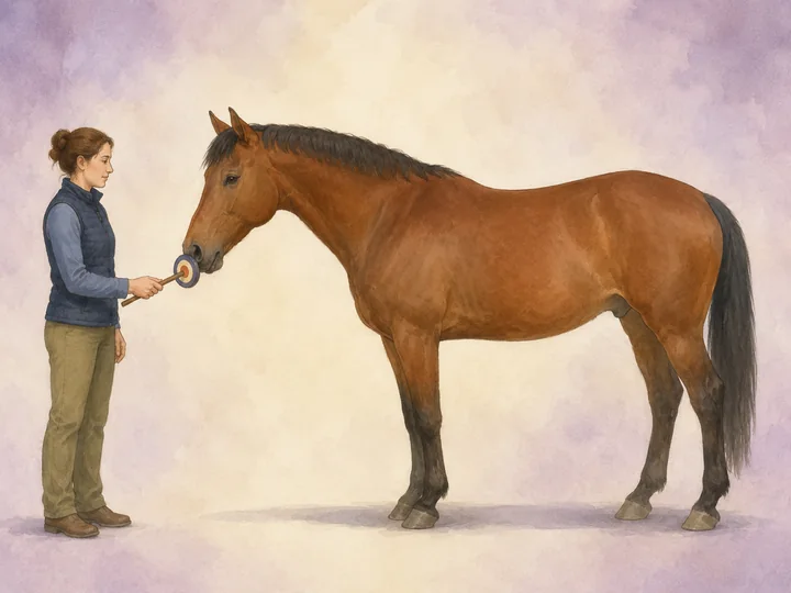 Simple target training: Teach the horse to touch an object with its nose, with a marker signal and a reward after.