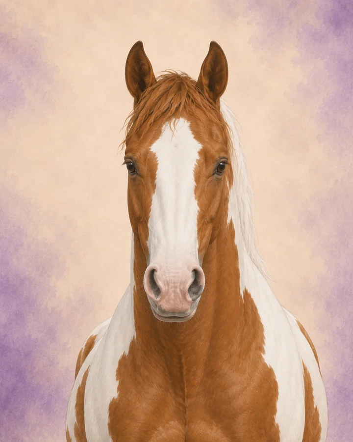 Porträtt framifrån av Paint horse som visar rasens karakteristiska huvud och hals.