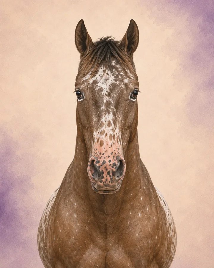 Portrett forfra av Appaloosa som viser rasens karakteristiske hode og hals.