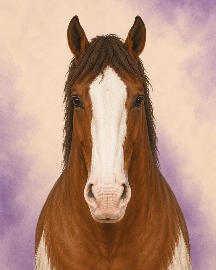 Porträtt framifrån av Clydesdale som visar rasens karakteristiska huvud och hals.