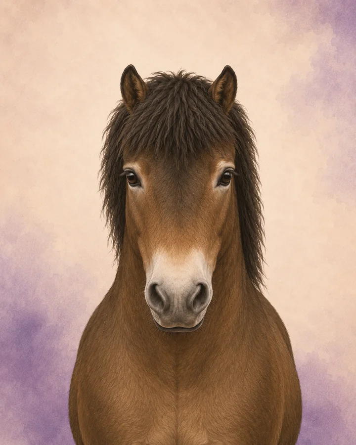 Porträtt framifrån av Exmoor som visar rasens karakteristiska huvud och hals.