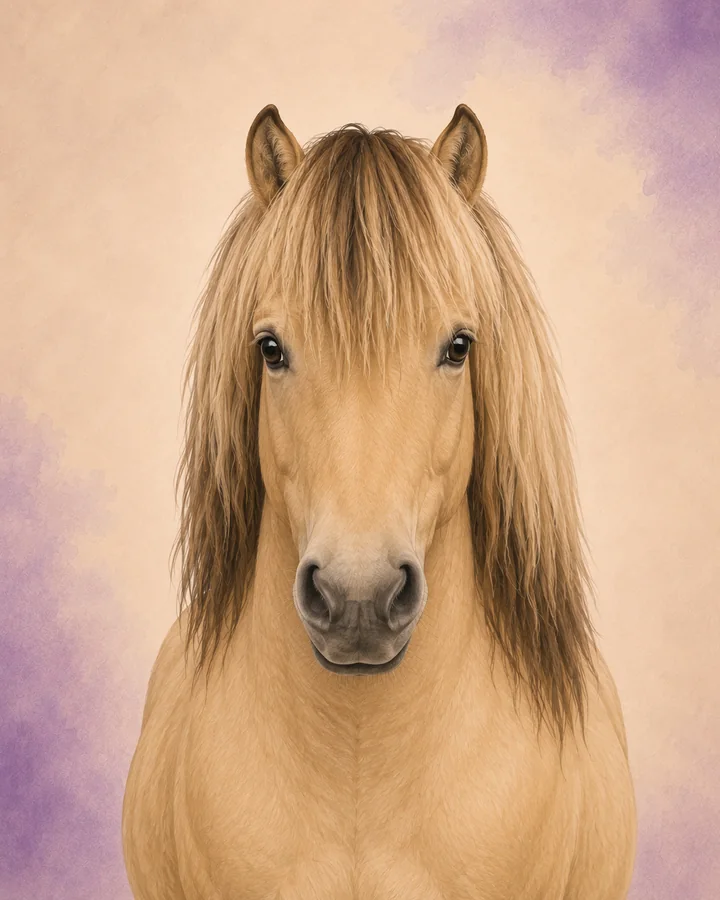 Portrett forfra av Highland Pony som viser rasens karakteristiske hode og hals.