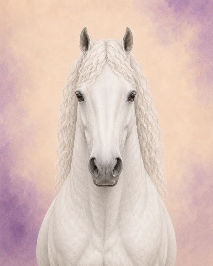 Portrett forfra av Lipizzaner som viser rasens karakteristiske hode og hals.