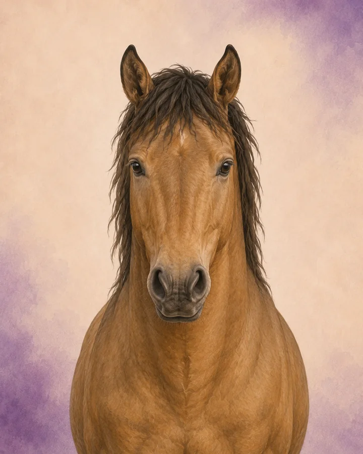 Porträtt framifrån av Mustang som visar rasens karakteristiska huvud och hals.