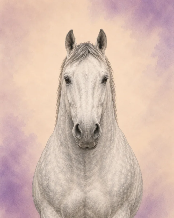 Porträtt framifrån av Percheron som visar rasens karakteristiska huvud och hals.