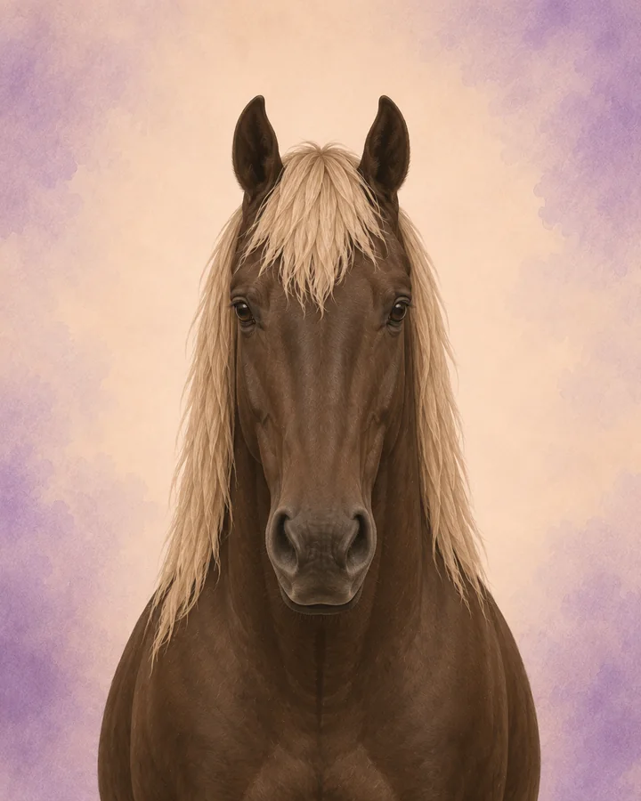 Porträtt framifrån av Rocky Mountain Horse som visar rasens karakteristiska huvud och hals.