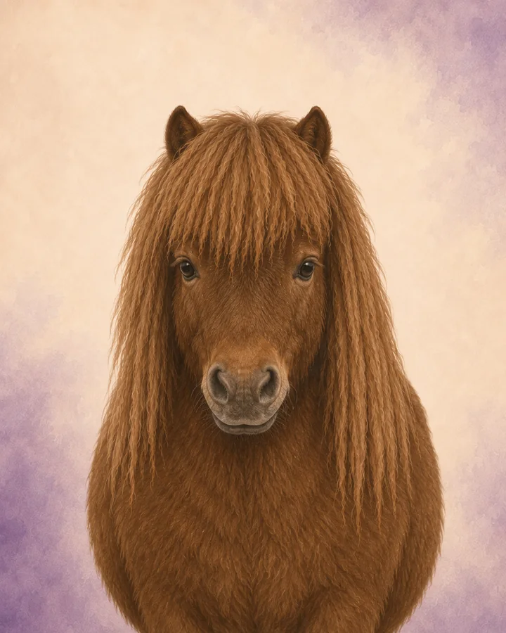 Porträtt framifrån av Shetlandsponny som visar rasens karakteristiska huvud och hals.