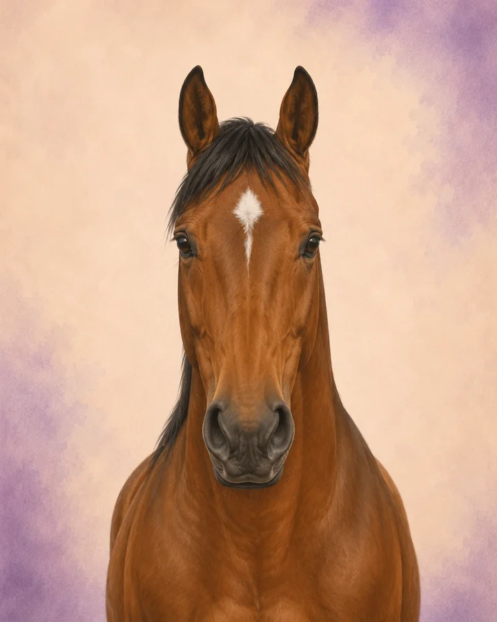 Porträtt framifrån av Standardbred som visar rasens karakteristiska huvud och hals.