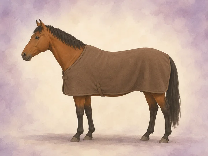 Abschwitz- oder Fleecedecke: Ein Cooler oder Fleece ist eine dünne, atmungsaktive Decke, die ein verschwitztes oder nasses Pferd trocknen lässt.