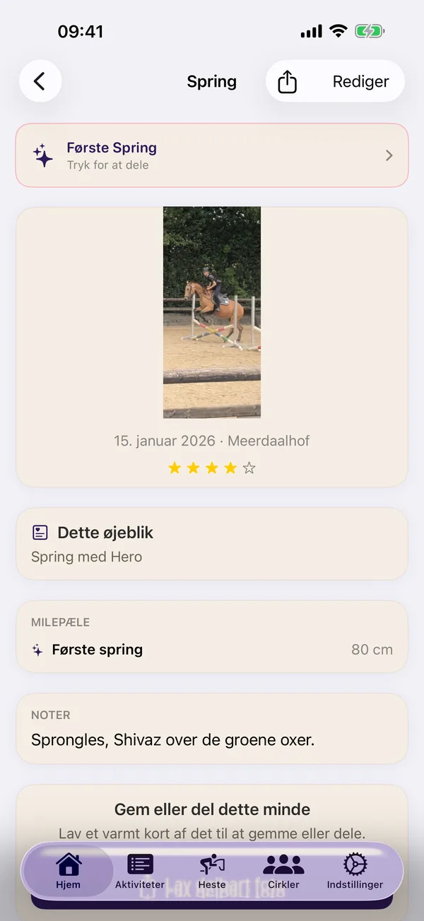 HorseJournal aktivitetsskærm med milepælen 'Første spring' på 80 cm.