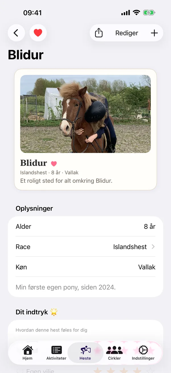HorseJournal hesteprofil: hver hest får sin egen side med detaljer og indtryk.