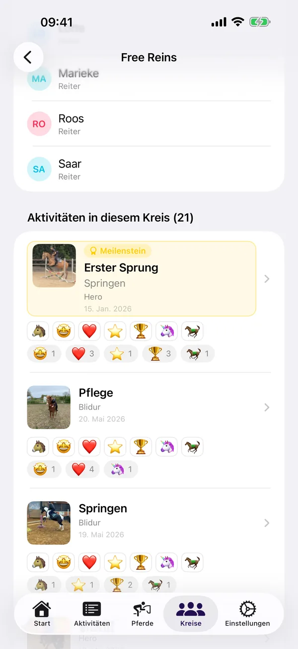 HorseJournal Kreis-Ansicht mit geteilten Aktivitäten und Emoji-Reaktionen von engen Freundinnen.