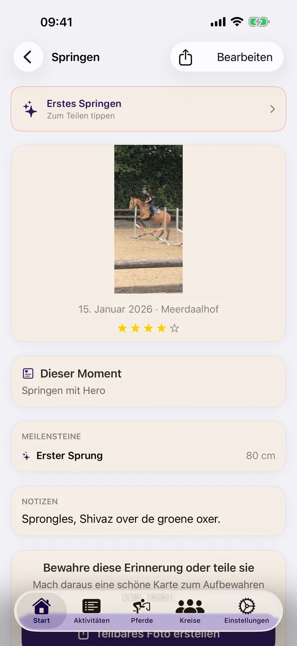 HorseJournal Aktivitätsansicht mit dem Meilenstein 'Erster Sprung' bei 80 cm.