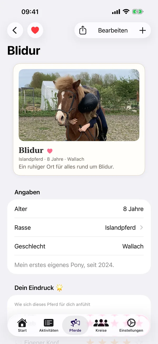 HorseJournal Pferdeprofil: jedes Pferd bekommt eine eigene Seite mit Details und Eindrücken.