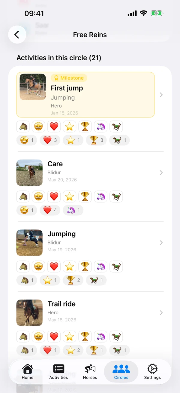 HorseJournal circle screen with activities shared and emoji reactions from close friends.