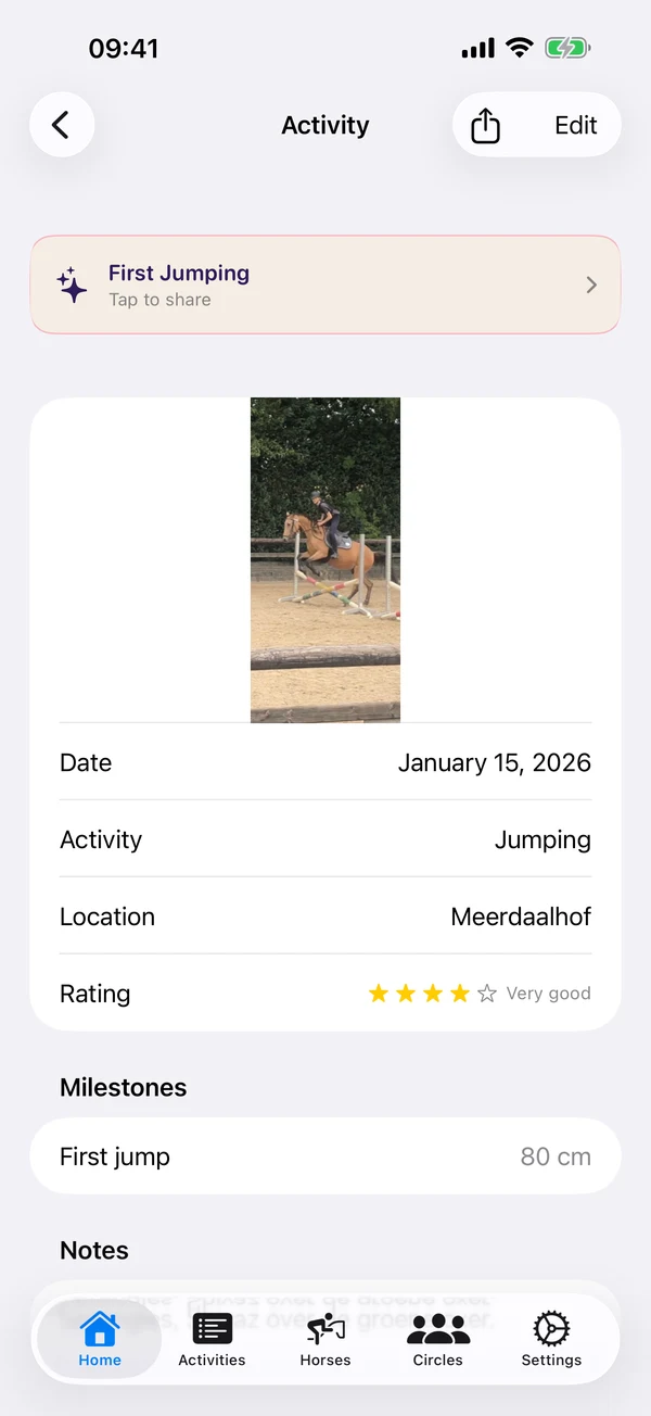 HorseJournal activity screen showing a 'First Jumping' milestone at 80cm.