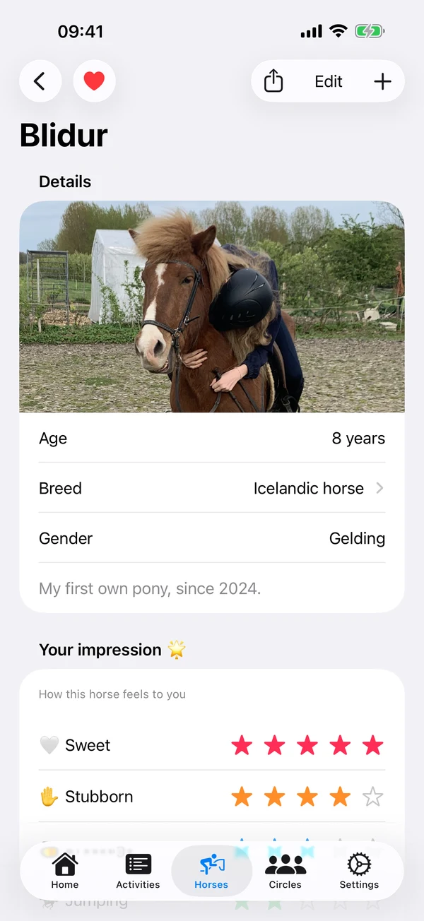 HorseJournal horse profile screen — every horse gets its own page with details and impressions.