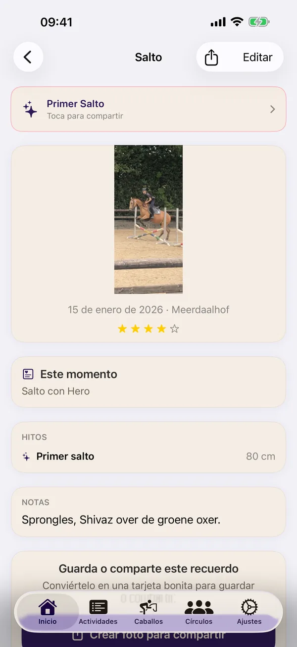 Pantalla de actividad de HorseJournal con el hito 'Primer salto' a 80 cm.
