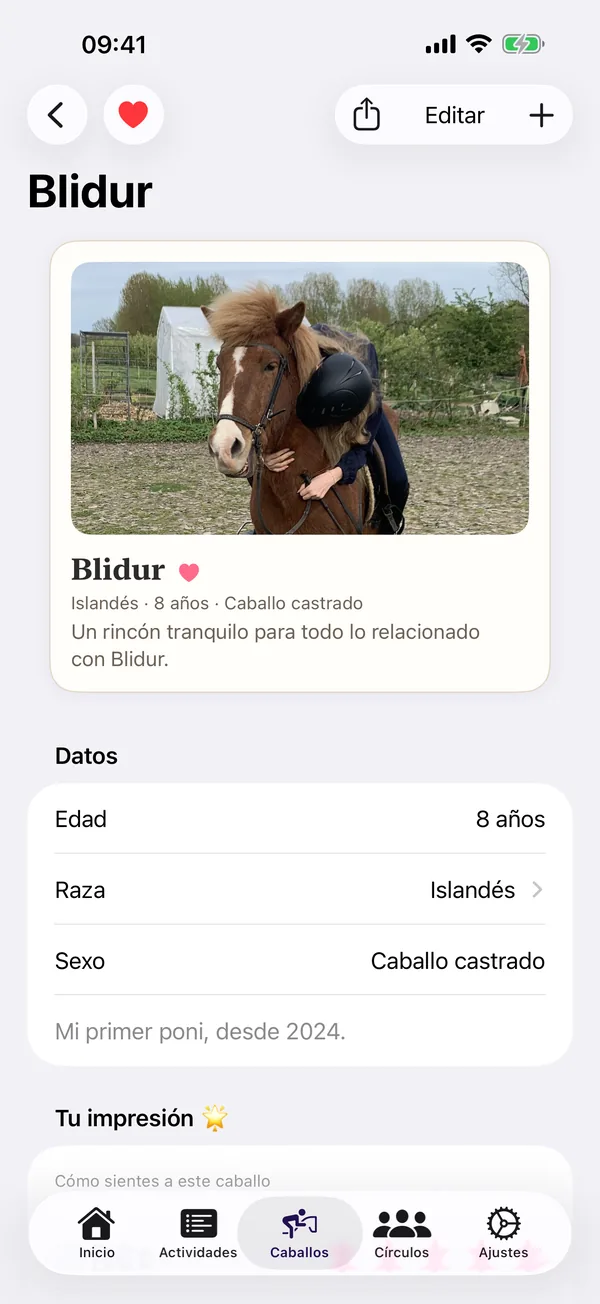 Pantalla de perfil de caballo de HorseJournal: cada caballo tiene su propia página con detalles e impresiones.