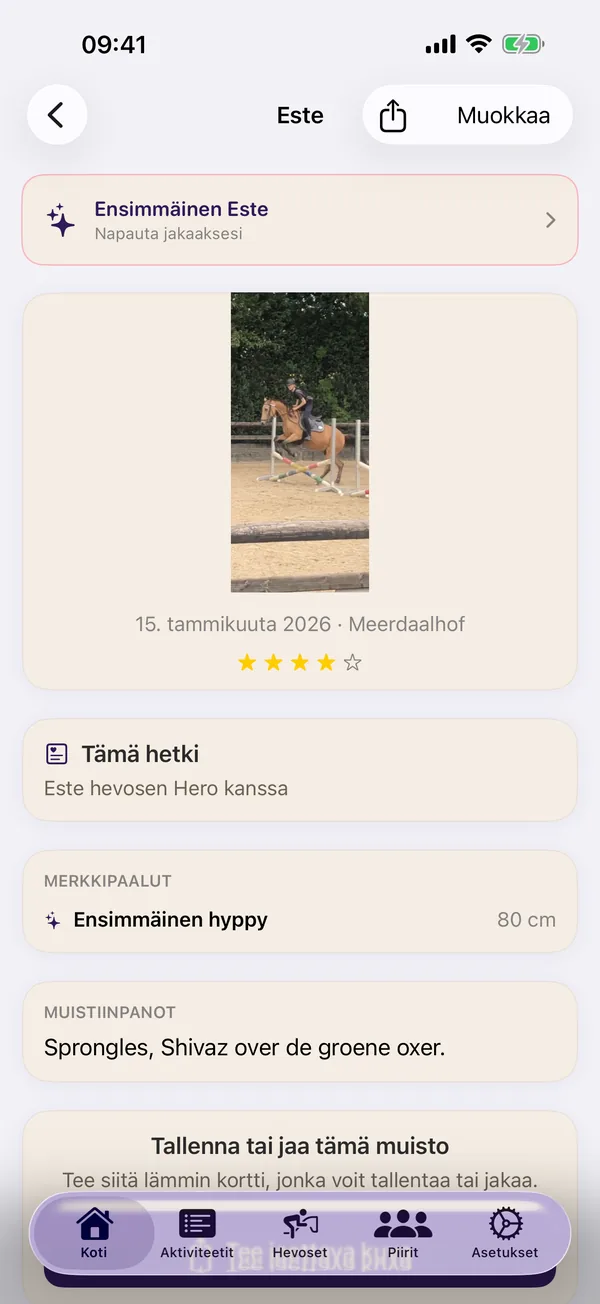 HorseJournalin tapahtumanäkymä, jossa näkyy merkkihetki 'Ensimmäinen esteratsastus' 80 cm:n korkeudella.
