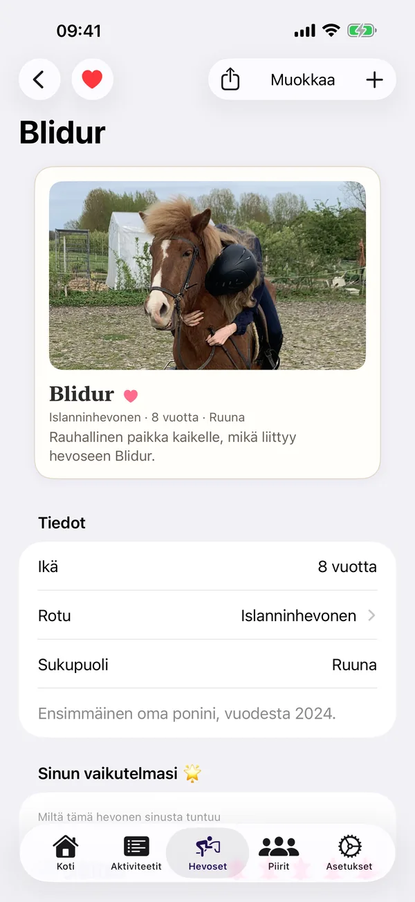 HorseJournalin hevosprofiili: jokainen hevonen saa oman sivunsa tietoineen ja tunnelmineen.