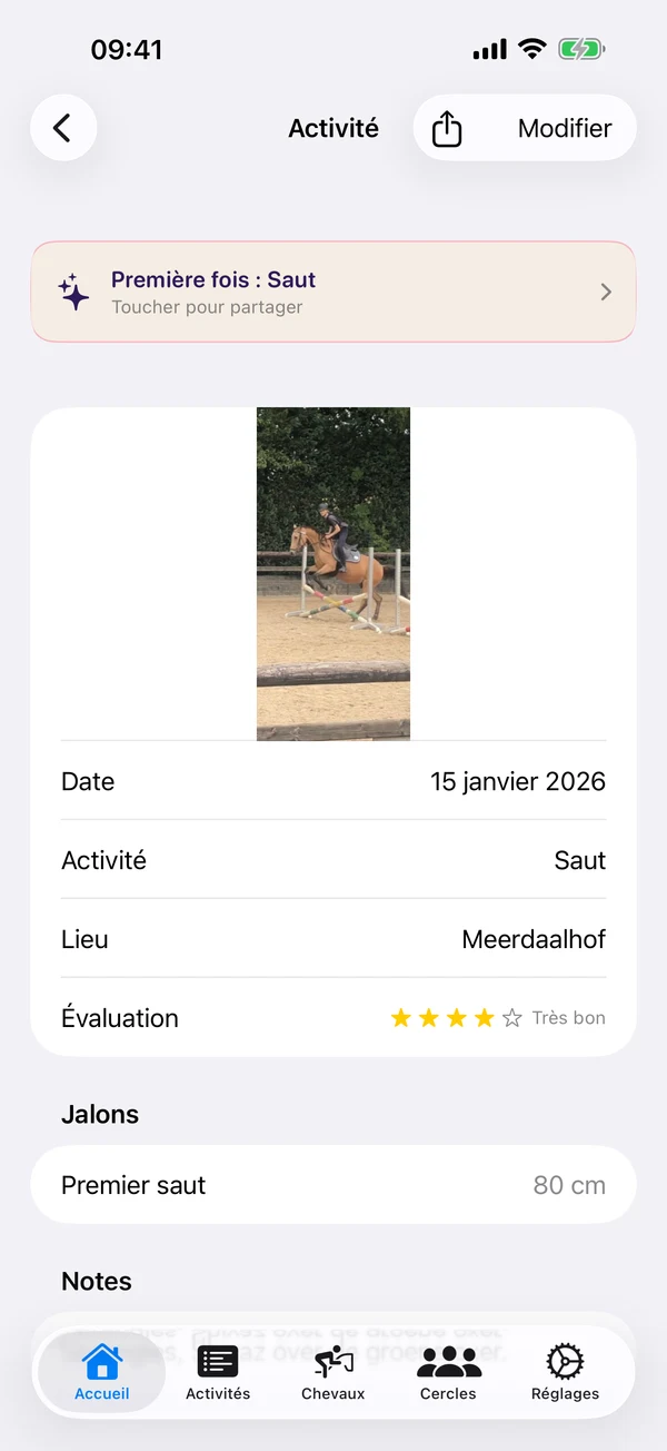 Activité HorseJournal montrant une étape 'Premier saut' à 80 cm.