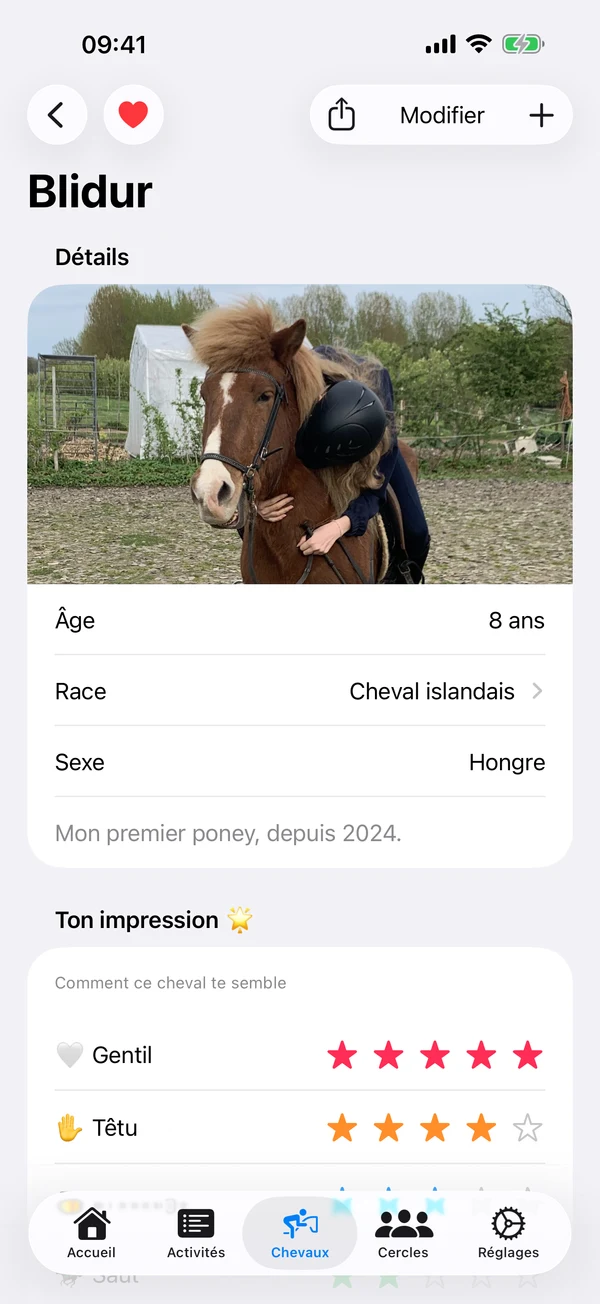 Page de profil HorseJournal — chaque cheval a sa propre page avec ses détails et tes impressions.
