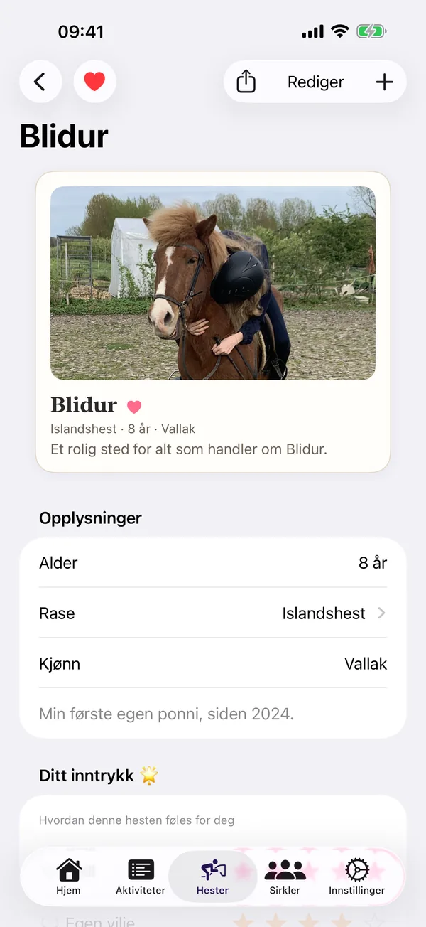 HorseJournal hesteprofil: hver hest får sin egen side med detaljer og inntrykk.