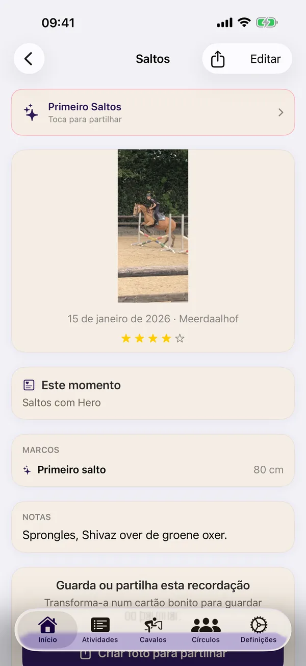Ecrã de atividades do HorseJournal a mostrar o marco 'Primeiro salto' a 80 cm.
