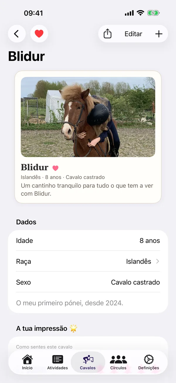 Ecrã de perfil do cavalo no HorseJournal: cada cavalo tem a sua própria página, com detalhes e impressões.