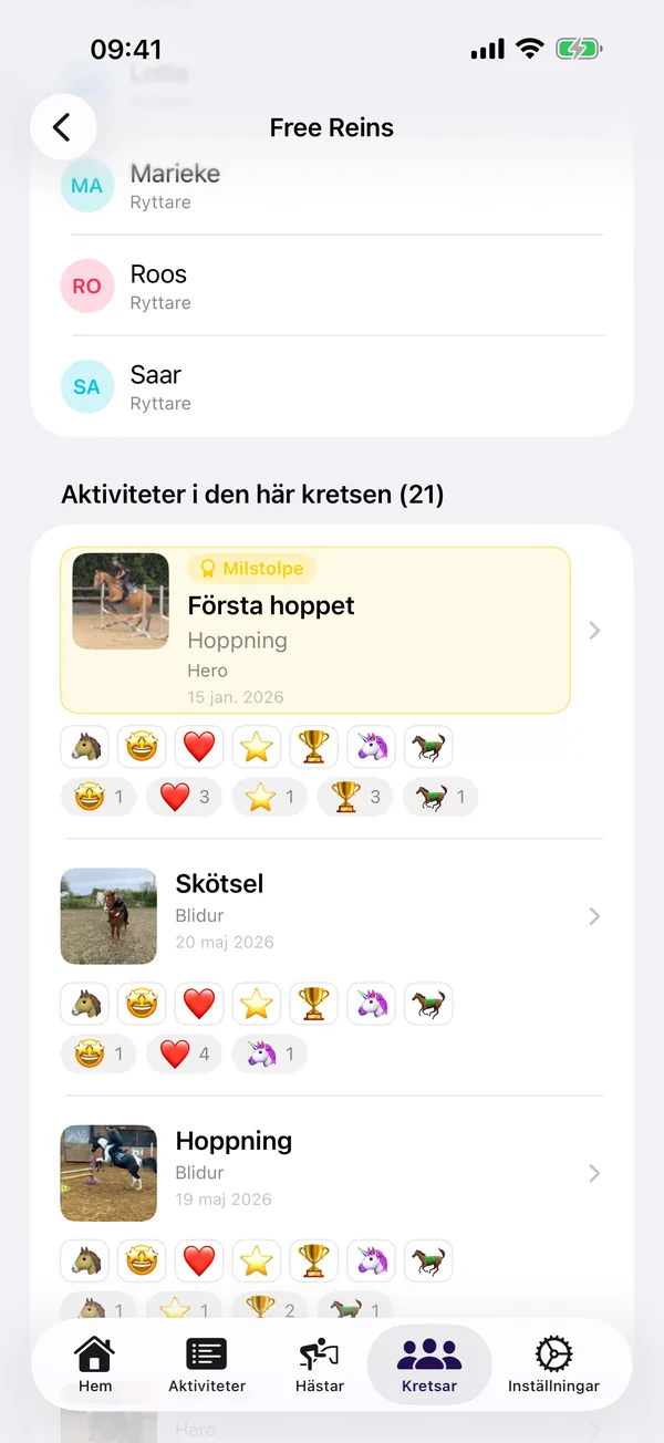 HorseJournal kretsvy med delade aktiviteter och emojireaktioner från nära vänner.
