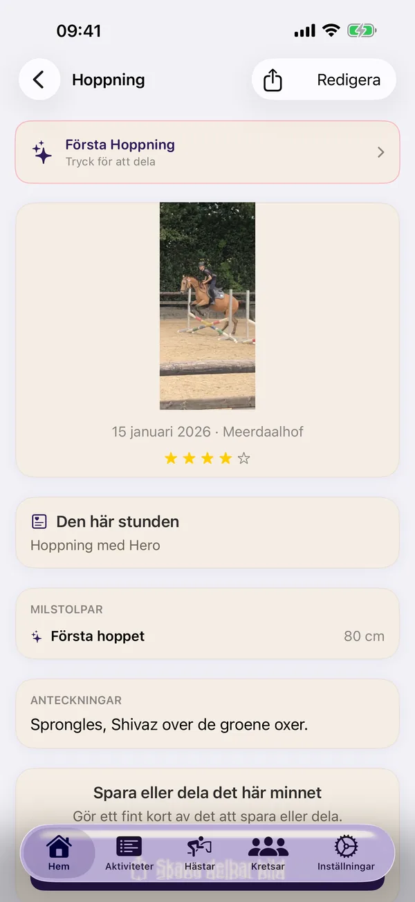 HorseJournal aktivitetsvy med milstolpen 'Första hoppningen' på 80 cm.
