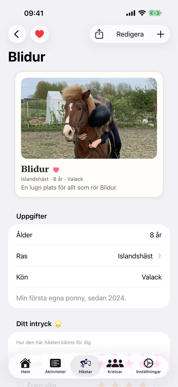 HorseJournal hästprofil: varje häst får en egen sida med uppgifter och intryck.