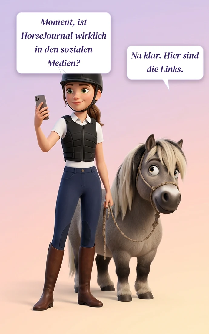 Jane fragt, ob HorseJournal wirklich in den sozialen Medien ist; Saga antwortet, dass die Links hier sind.
