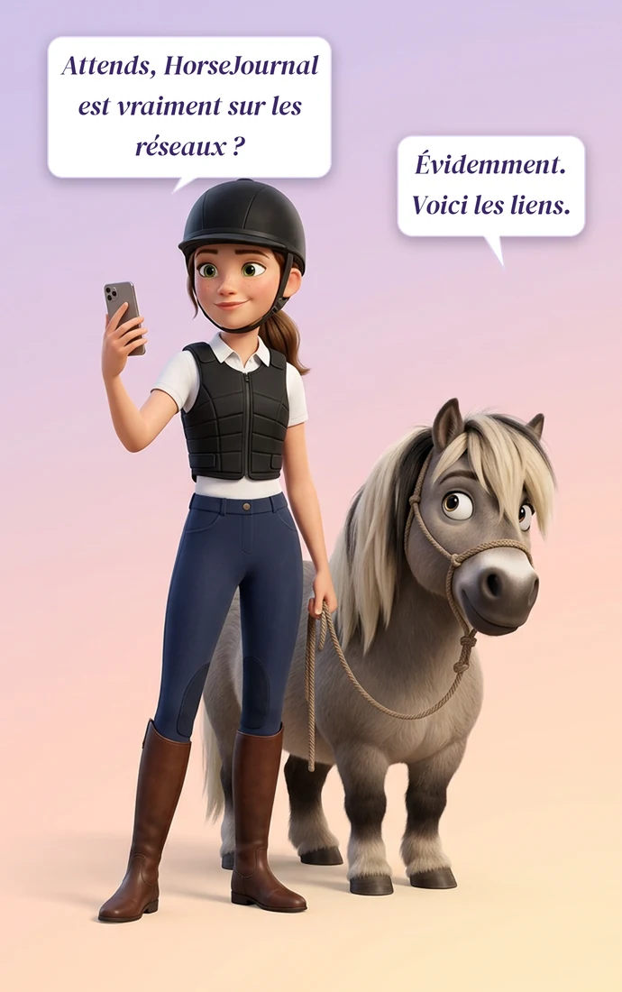 Jane demande si HorseJournal est vraiment sur les réseaux; Saga répond que les liens sont juste là.